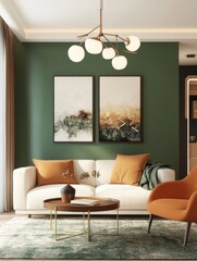 Fototapeta premium Modern Living Room Interior Design Featuring Green Walls