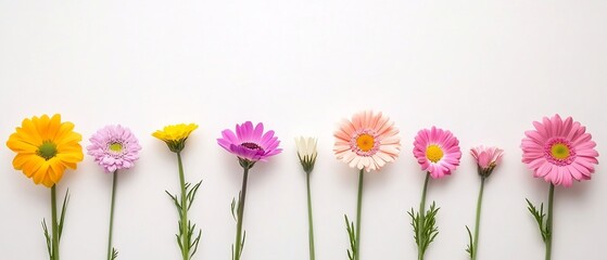 Obraz premium Vibrant Yet Soft Wildflowers Scattered Across a Clean White Background