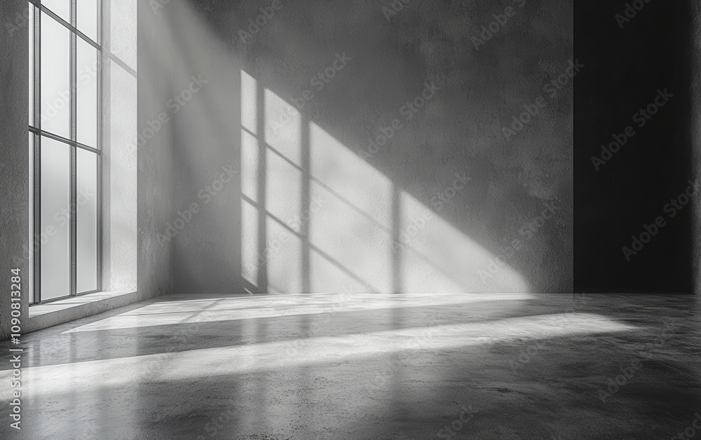 Poster a spacious, minimalist room with shadows cast by large windows, creating a serene and tranquil atmos