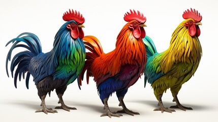 Fototapeta premium Vibrant roosters display a colorful array of feathers under bright lights. Generative AI