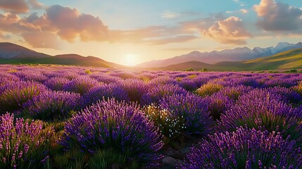 Obraz premium Lavender Field at Sunrise with Scenic Mountains