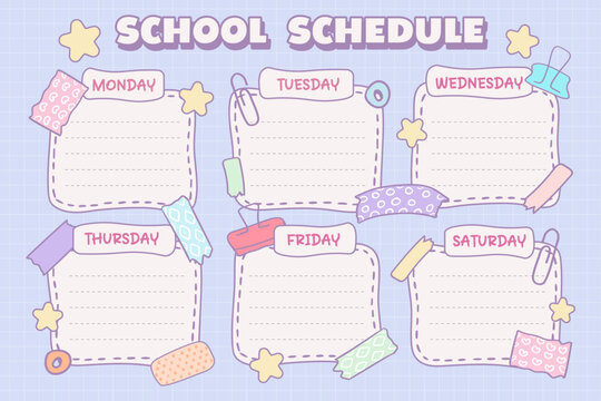 Back to school , kawaii school timetable blank, weekly organiser, with soft blue colours, template, vector