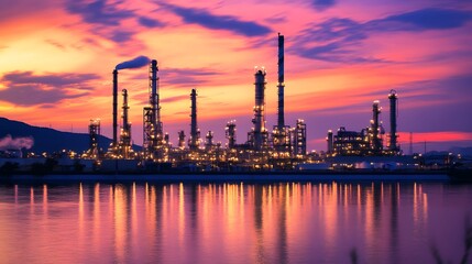 Fototapeta premium A large industrial plant is lit up at night, with the sky in the background. The sky is a beautiful mix of orange and purple hues, creating a serene and peaceful atmosphere