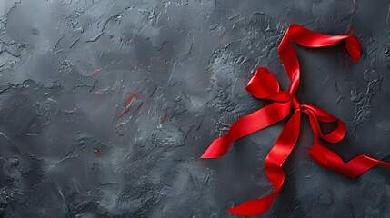 A stylish red ribbon gracefully positioned on a sleek grey surface, representing awareness and commitment to World AIDS Day.