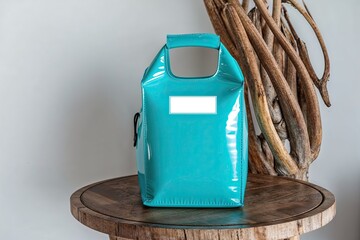 Glossy Turquoise Cooler Bag with Blank Label for Retail Design