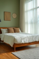 Fototapeta premium Mid century Modern interiors in bedrooms with mint-colored walls and beds and pots. Generative AI 