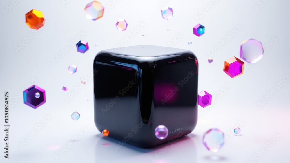 Poster a sleek black ai box with colorful floating bubbles around it.