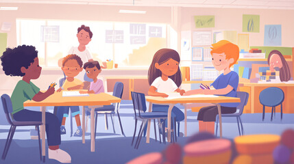 An inclusive educational environment with children of various abilities and backgrounds working together in a classroom setting.An inclusive educational environment with children of various abilities 