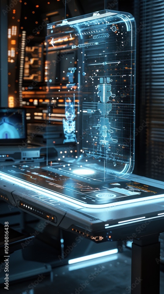 Poster a futuristic, high-tech office with a holographic display showing a world map on a glowing table.
