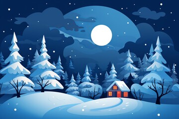 Fototapeta premium Snowy night landscape with a cozy cabin under a bright full moon. Generative AI