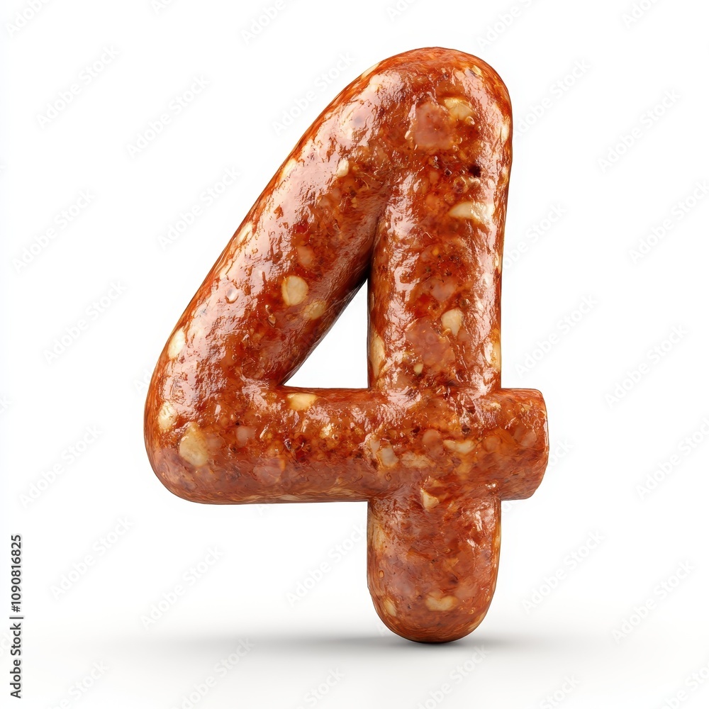 Poster a stylized number four made of a meat-like texture, emphasizing a playful food design.