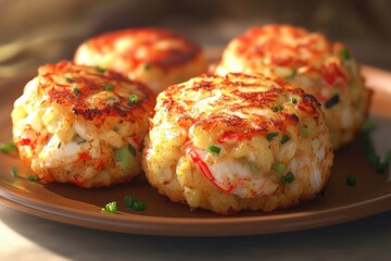 Fototapeta premium Delicious crab cakes served on a wooden plate, featuring a golden crust and fresh herbs for garnish.