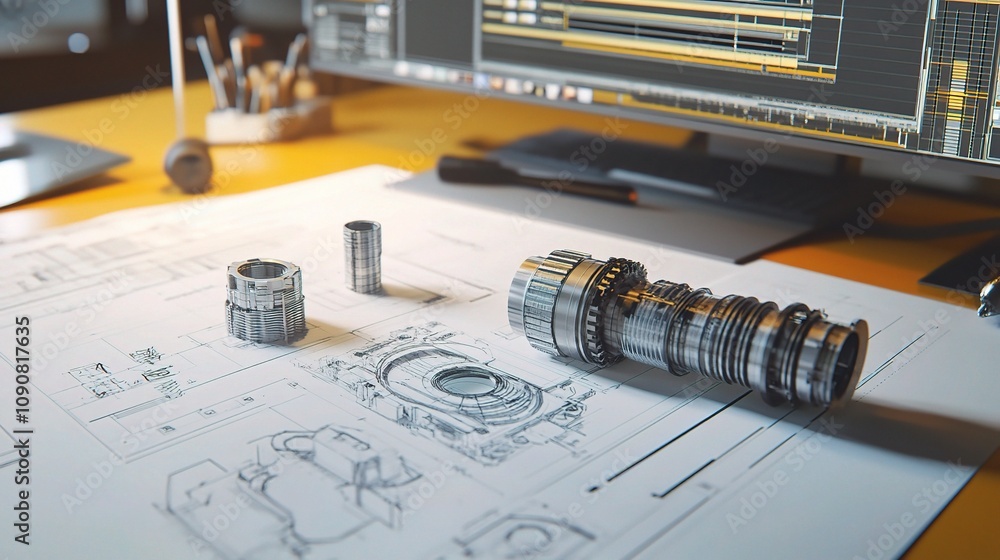 Poster detailed vibrant cad drawings showcasing complex mechanical assemblies on a workspace with design el
