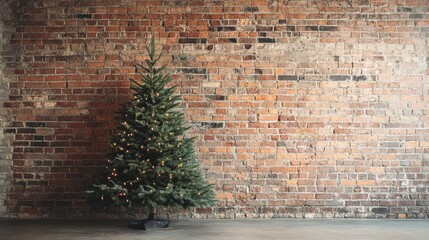 Christmas Tree Against Brick Wall - Festive Christmas tree with warm lights set against a rustic brick wall. Symbolizes tradition, warmth, holiday spirit, simplicity, and home.