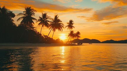 Beautiful sunset over the sea on the tropical beach Orange sky background for travel and vacation.