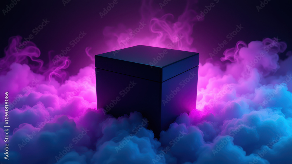 Poster a digital art rendering featuring a futuristic cube amidst a colorful cloud-like background, likely 