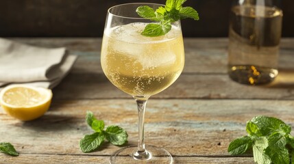 Fototapeta premium Classic Hugo Spritz Cocktail with White Wine - Refreshing summer cocktail, white wine spritzer, bubbly, mint, lemon, ice. Perfect for warm weather.