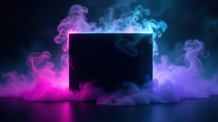A digital graphic showcasing a futuristic AI concept with colorful vapors surrounding a dark cube core on a reflective floor.