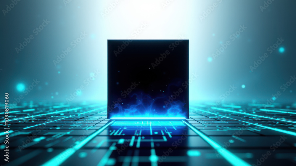 Poster a futuristic scene with a central focus on what appears to be an ai or technology-related theme, fea