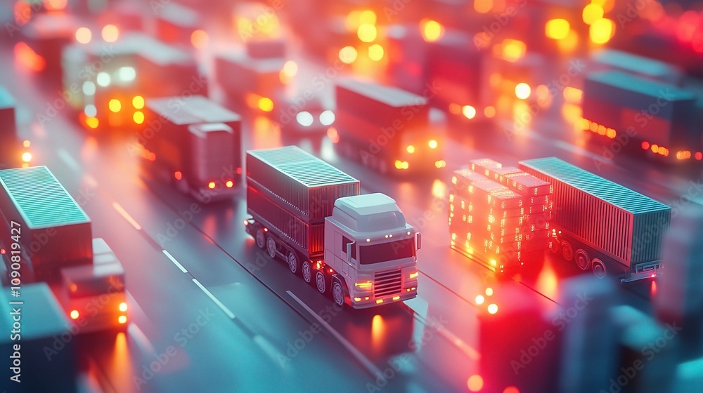Poster a colorful abstract representation of transportation and logistics network featuring trucks and cont