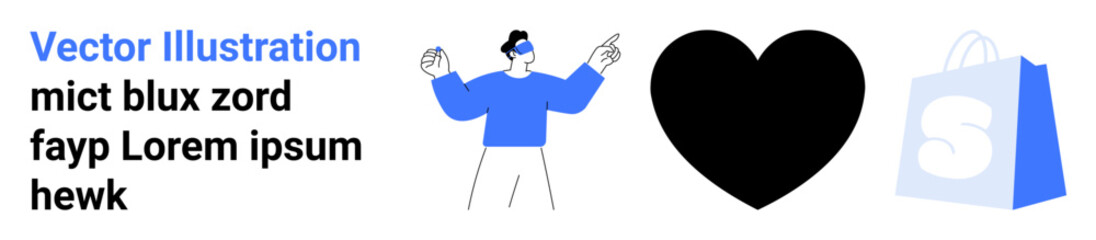 Man wearing a virtual reality headset pointing upwards. A black heart symbol on the right and a blue shopping bag icon with letter S. Ideal for technology, virtual reality, e-commerce, modern