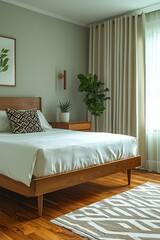 Fototapeta premium Mid century Modern interiors in bedrooms with mint-colored walls and beds and pots. Generative AI 