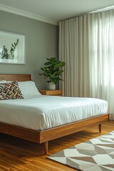 Fototapeta premium Mid century Modern interiors in bedrooms with mint-colored walls and beds and pots. Generative AI 