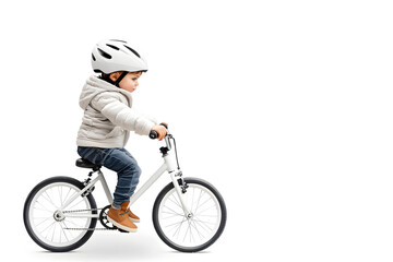 Fototapeta premium Side view little kid in helmet riding bicycle isolated on white background