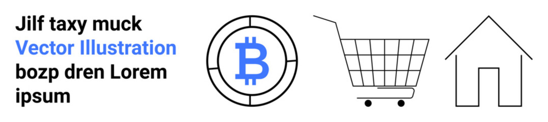 Obraz premium Black Bitcoin symbol inside a circle, shopping cart, and house icon. Ideal for cryptocurrency, e-commerce, real estate, minimalistic design themes, educational content, technology articles