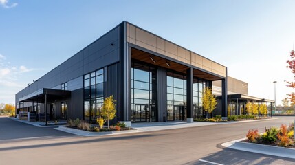 Obraz premium Modern Warehouse Building with Large Windows and Landscaping