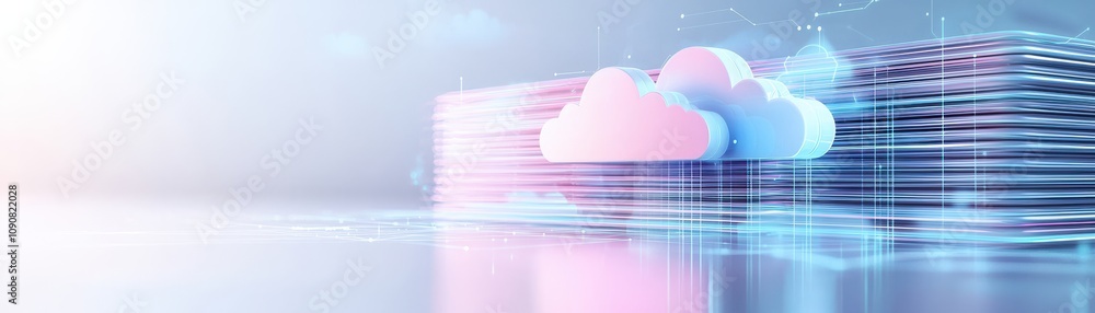 Poster a futuristic digital landscape featuring stylized clouds above layered data flows, symbolizing cloud