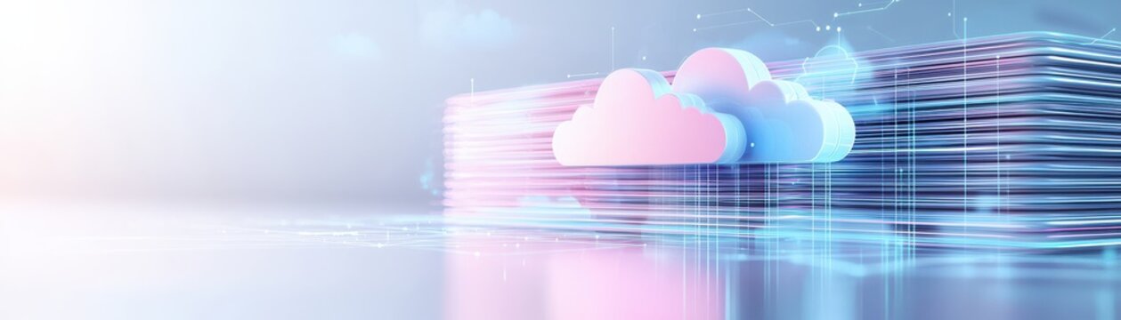 A futuristic digital landscape featuring stylized clouds above layered data flows, symbolizing cloud computing and interconnected technology.