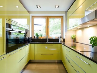 Modern Yellow Kitchen With Granite Countertops And Stainless Steel Appliances