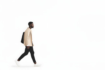 Fototapeta premium Side view of casual man walking isolated on white background