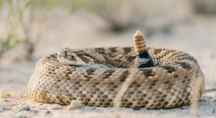Naklejka premium Coiled rattlesnake ready to strike in natural habitat