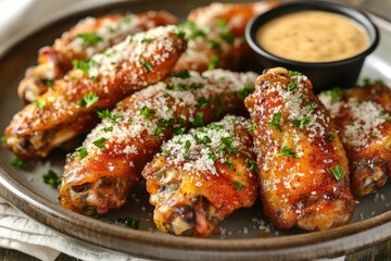 Delicious crispy chicken wings topped with herbs and cheese, served with a savory dipping sauce on a rustic plate.