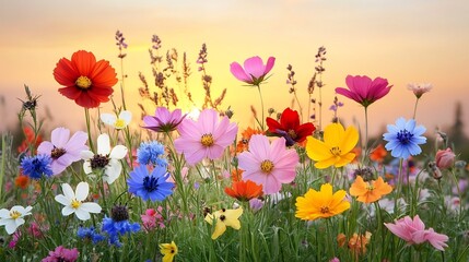 Obraz premium Vibrant Countryside Horizon Filled with Colorful Wildflowers and Pastel Sky