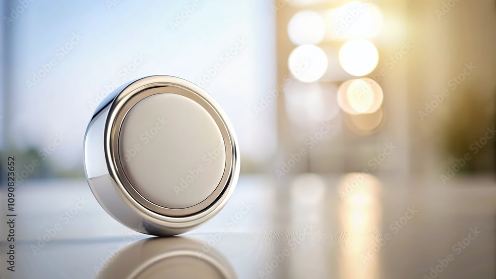 Poster elegant minimalist photography of a white round button with chrome frame on a soft background, highl