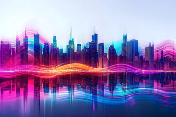 Vibrant City Skyline with Abstract Sound Waves