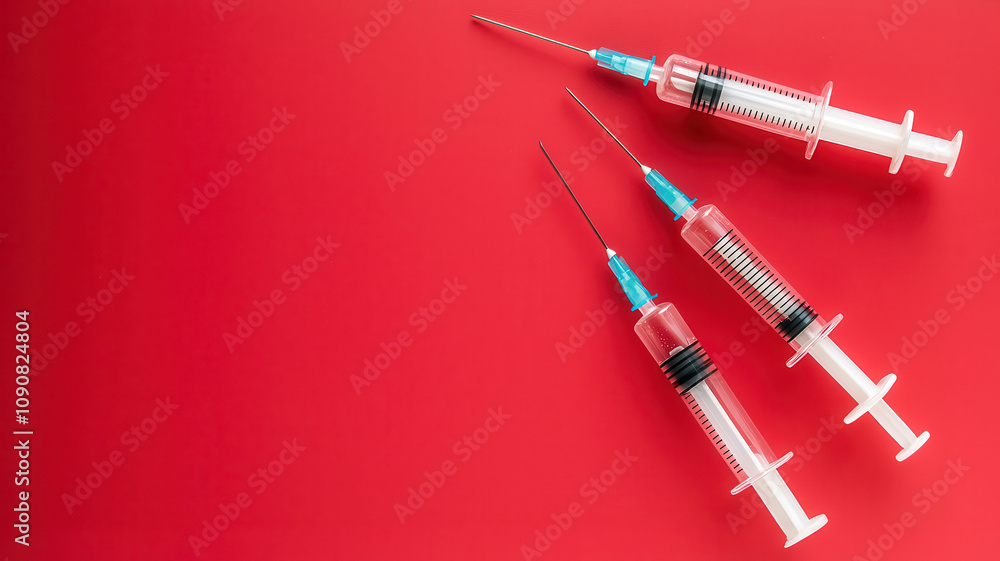 Poster syringes on red background create striking visual for medical themes. this flat lay top view showcas