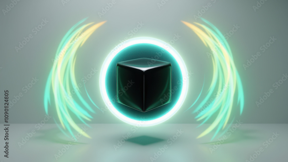 Poster high-tech ai concept with glowing energy lines forming a cube shape on a futuristic background.