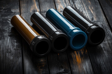 Fototapeta premium Different plastic plumbing pipes on a plumber workbench background.