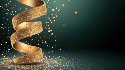 Obraz premium Gold glitter spiral on dark green background creates festive atmosphere, with shiny golden particles adding touch of elegance and celebration