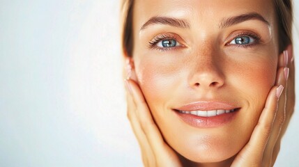Obraz premium Woman Applying Anti-Aging Serum to Her Face, Showcasing a Radiant Skincare Routine for Youthful and Healthy Skin in a Bright Natural Setting