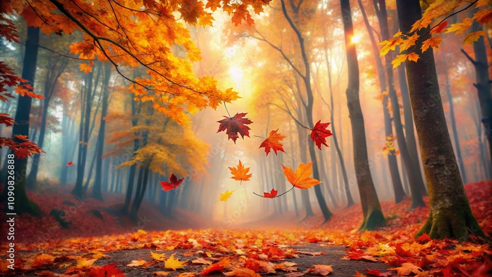 Poster enchanted autumn leaves falling in a misty forest creating a magical and ethereal atmosphere with vi