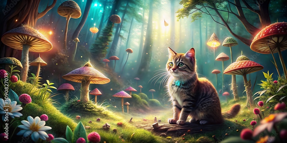Poster enchanted cat in a magical forest setting with glowing mushrooms and mystical creatures, ideal for f