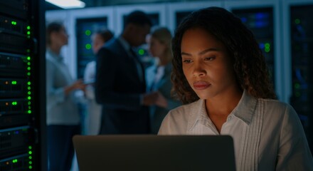 Focused woman working on a laptop in a modern data center with colleagues in the background