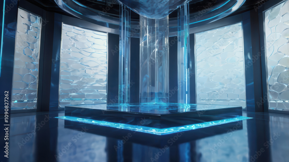 Poster futuristic platform with transparent glass and illuminated edges, set in sleek, modern environment. 