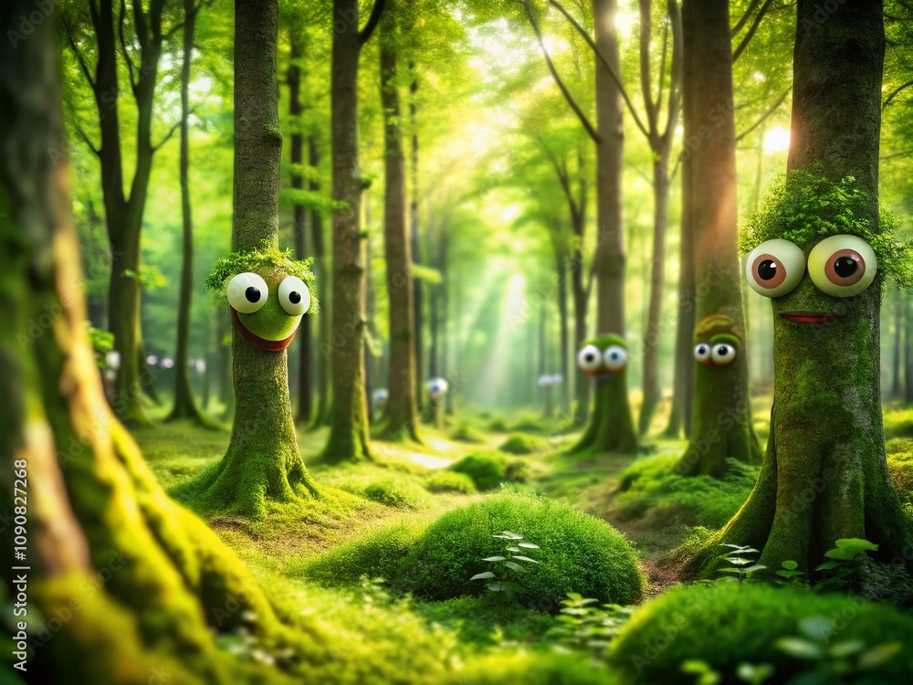 Poster enchanted forest with trees having blinking eyes instead of leaves, creating a mysterious atmosphere