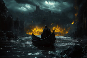 An old boatman grandfather sailing on a river, a ferryman on the River Styx...